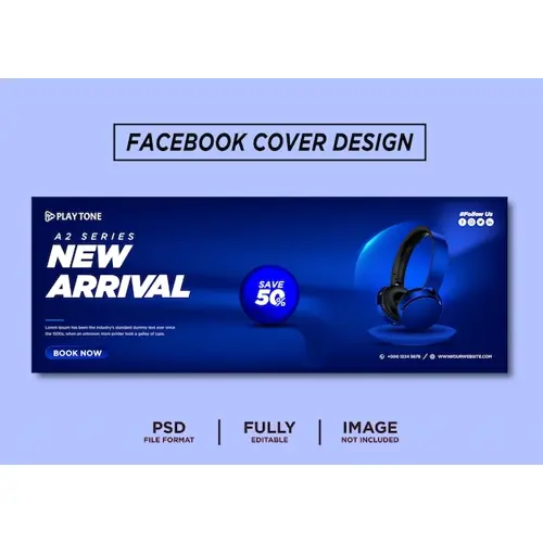 Blue Color Headhphone Brand Facebook Cover Template