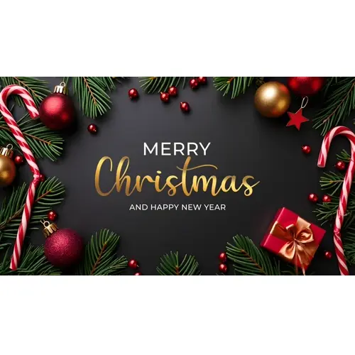 Christmas facebook cover template with christmas ball pine tree star gift box and dark background