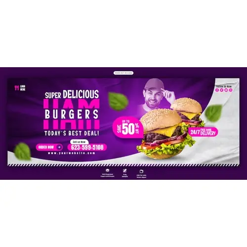 Delicious burger and food menu Facebook cover banner template