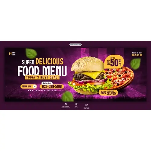 Delicious burger and food menu Facebook cover banner template