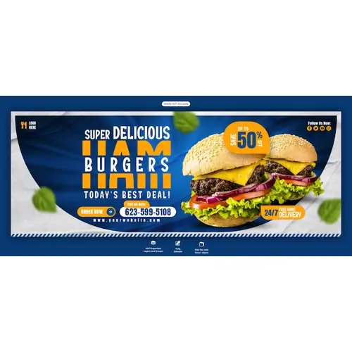 Delicious burger and food menu Facebook cover banner template