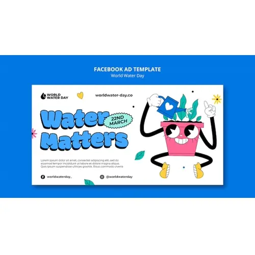 Flat cute character world water day facebook ad template