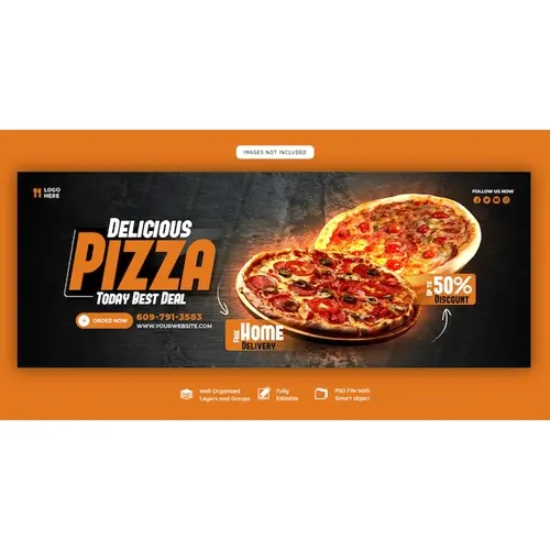 Food menu and delicious pizza Facebook cover banner template