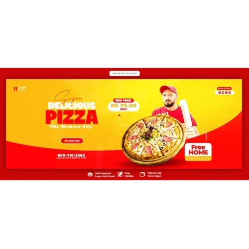 Food menu and delicious pizza Facebook cover banner template