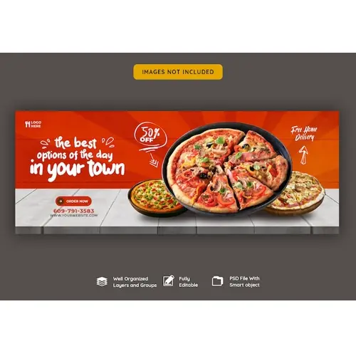 Food menu and delicious pizza facebook cover banner template