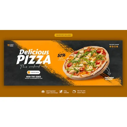 Food menu and delicious pizza Facebook cover banner template