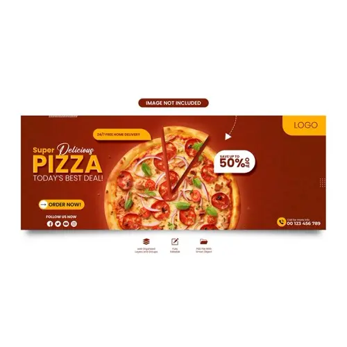 Food menu and delicious pizza Facebook cover banner template