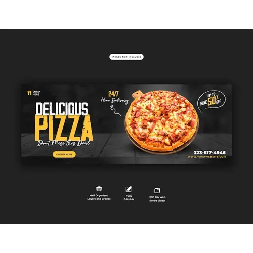 Food menu and delicious pizza facebook cover banner template