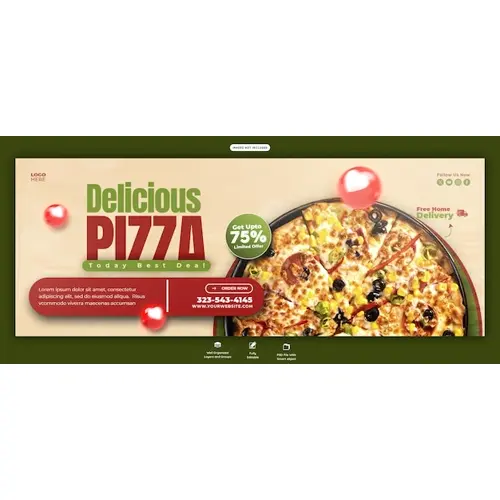 Food menu and delicious pizza Facebook cover banner template