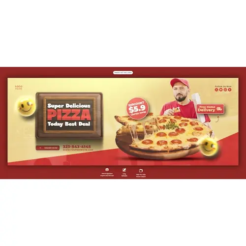 Food menu and delicious pizza Facebook cover banner template
