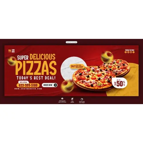 Food menu and delicious pizza Facebook cover banner template