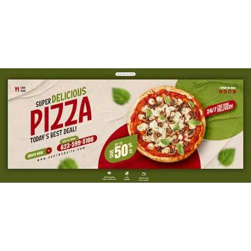 Food menu and delicious pizza Facebook cover banner template