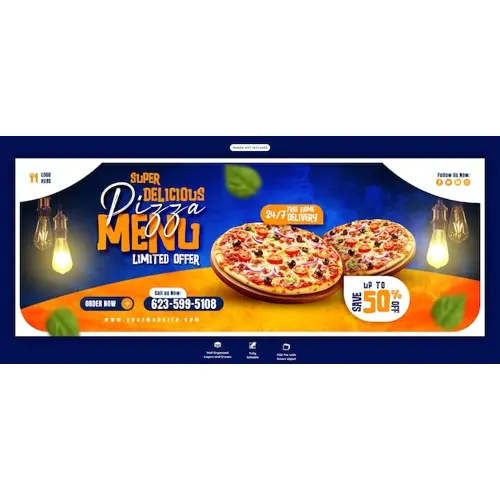 Food menu and delicious pizza Facebook cover banner template