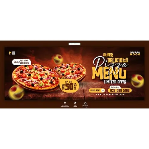 Food menu and delicious pizza Facebook cover banner template