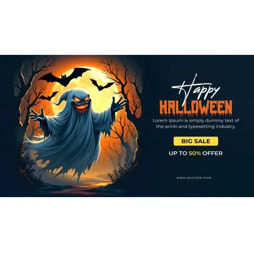 Happy halloween day facebook cover template with orange scary pumpkin and a white funny ghost