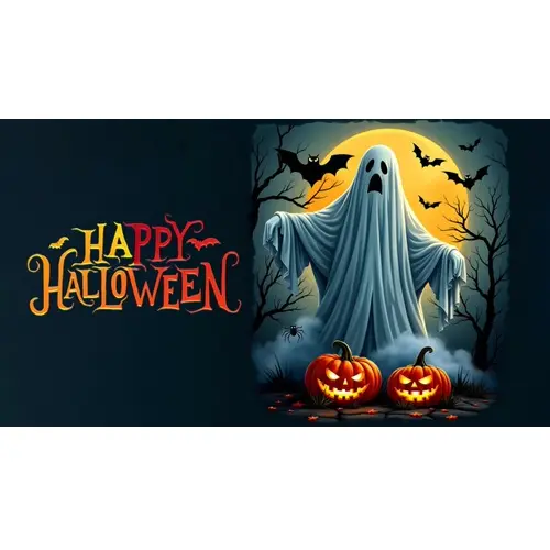 Happy halloween day facebook cover template with orange scary pumpkin and a white funny ghost
