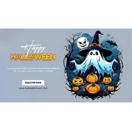 Happy halloween day facebook cover template with orange scary pumpkin and a white funny ghost