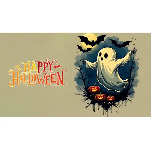 Happy halloween day facebook cover template with orange scary pumpkin and a white funny ghost