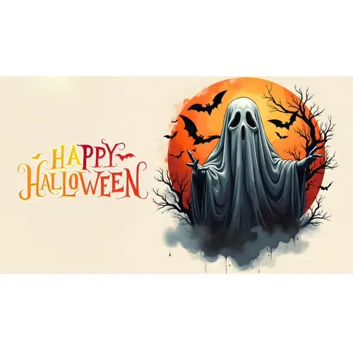 Happy halloween day facebook cover template with orange scary pumpkin and a white funny ghost