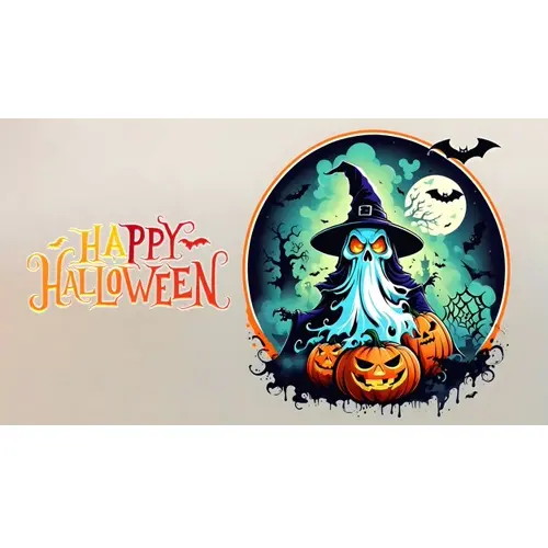 Happy halloween day facebook cover template with orange scary pumpkin and a white funny ghost