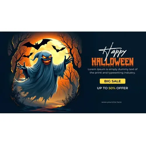 Happy halloween day facebook cover template with orange scary pumpkin and a white funny ghost