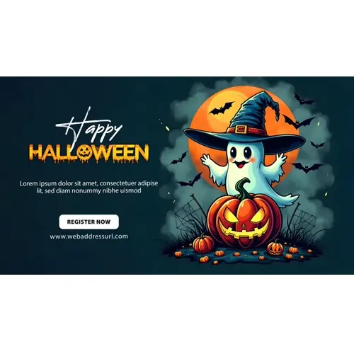 Happy halloween day facebook cover template with orange scary pumpkin and a white funny ghost