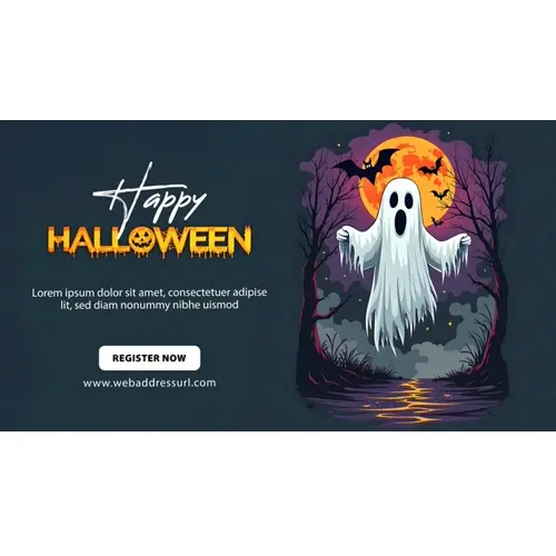 Happy halloween day facebook cover template with orange scary pumpkin and a white funny ghost