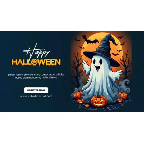 Happy halloween day facebook cover template with orange scary pumpkin and a white funny ghost