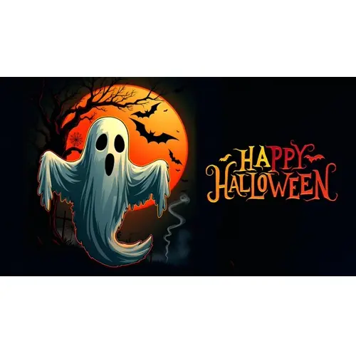 Happy halloween day facebook cover template with orange scary pumpkin and a white funny ghost