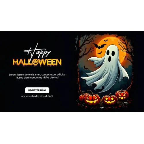 Happy halloween day facebook cover template with orange scary pumpkin and a white funny ghost