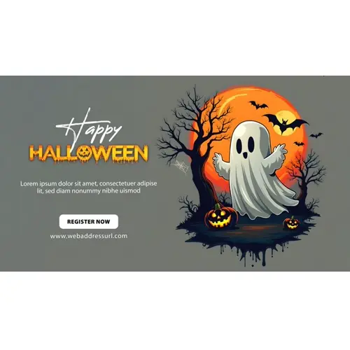 Happy halloween day facebook cover template with orange scary pumpkin and a white funny ghost