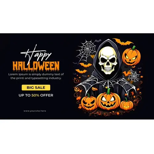 Happy halloween facebook cover with haunted skull and scary pumpkin on black background