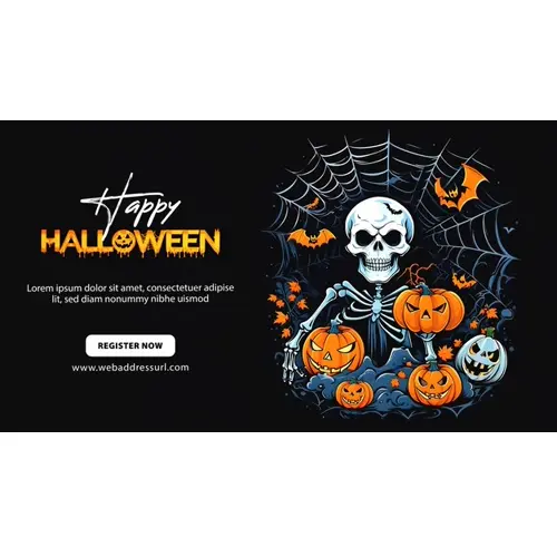 Happy halloween facebook cover with haunted skull and scary pumpkin on black background
