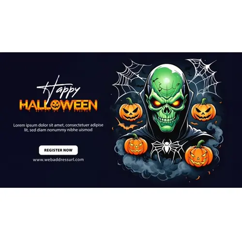 Happy halloween facebook cover with haunted skull and scary pumpkin on black background
