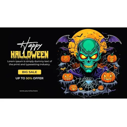 Happy halloween facebook cover with haunted skull and scary pumpkin on black background