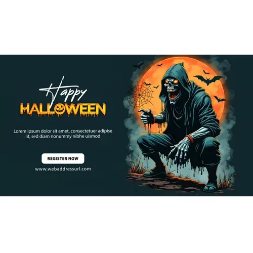 Happy halloween facebook cover with scary skeleton wearing a hoodie