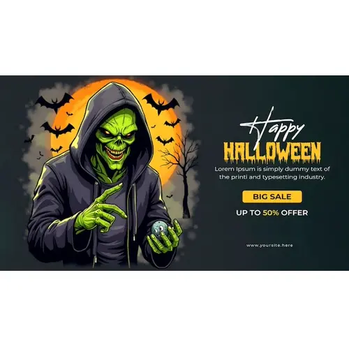 Happy halloween facebook cover with scary skeleton wearing a hoodie