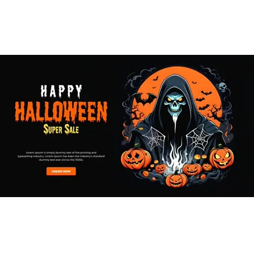 Happy halloween facebook cover with scary skeleton wearing a hoodie