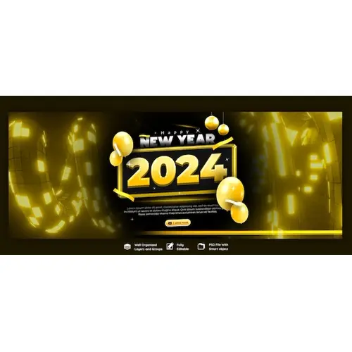 Happy New Year 2024 celebration Facebook cover post design or banner template