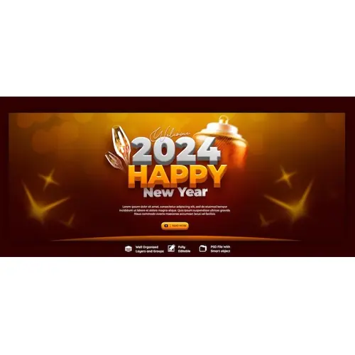 Happy New Year 2024 celebration Facebook cover post design or banner template