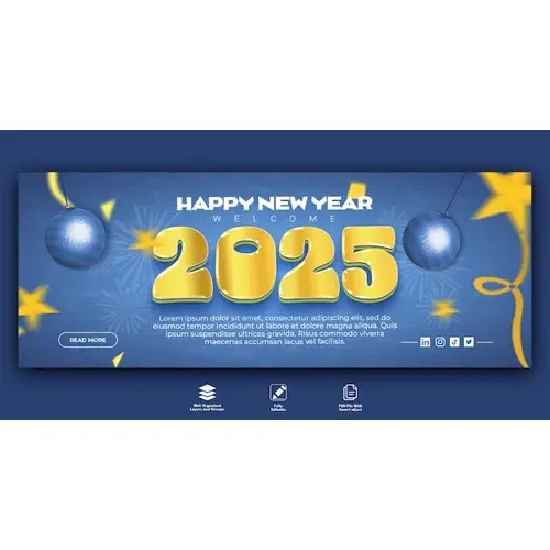 Happy new year 2025 celebration Facebook cover design Free PSD