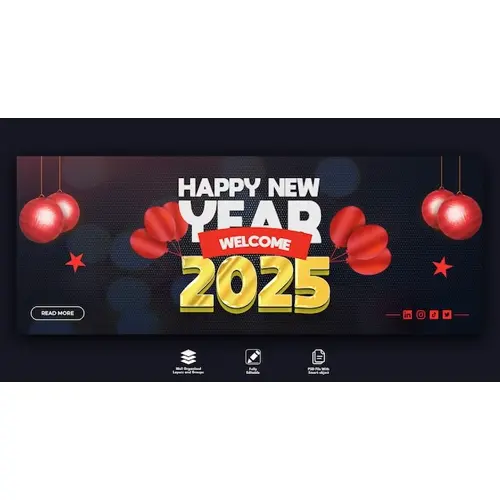 Happy new year 2025 celebration Facebook cover design Free PSD