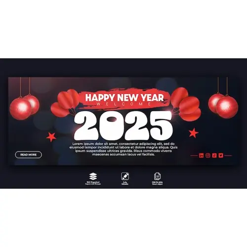 Happy new year 2025 celebration Facebook cover design Free PSD