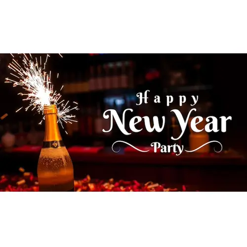Happy new year facebook cover template with drinks bottle on decorated party night background