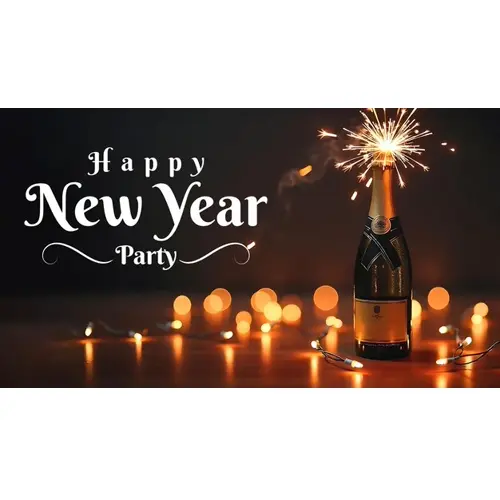 Happy new year facebook cover template with drinks bottle on decorated party night background