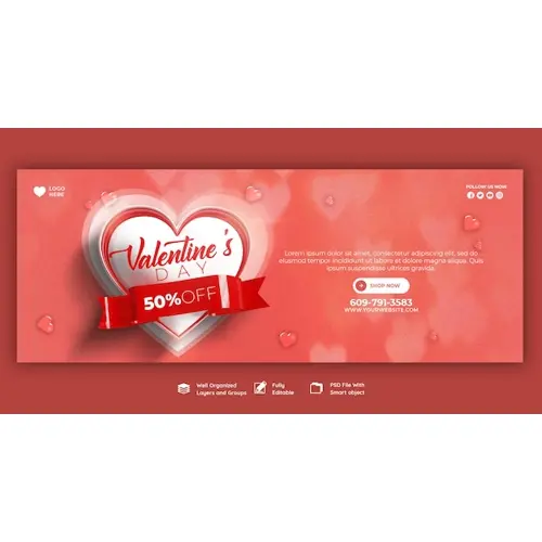 Happy Valentine's Day discount sale Facebook cover and social media post template