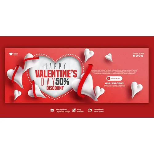 Happy Valentine's Day discount sale Facebook cover and social media post template