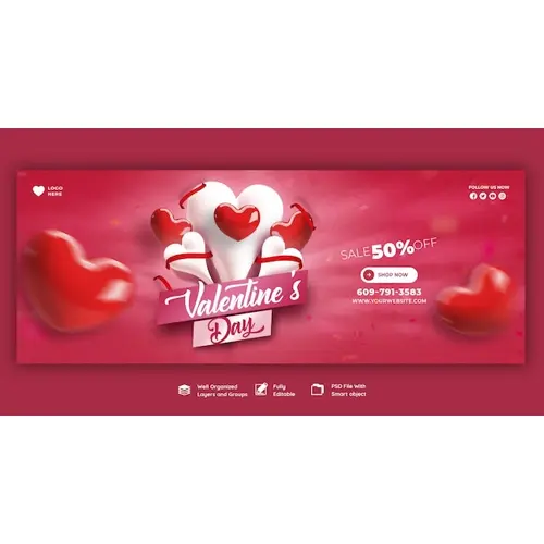 Happy Valentine's Day discount sale Facebook cover and social media post template