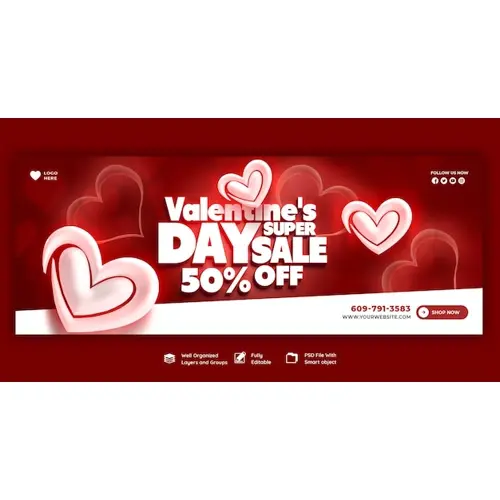Happy Valentine's Day discount sale Facebook cover and social media post template