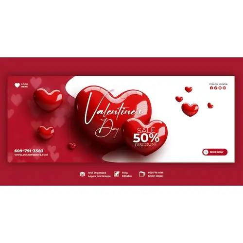 Happy Valentine's Day discount sale Facebook cover and social media post template